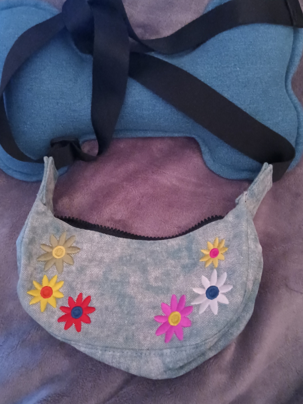 Casual Blue Denim Crossbody Bag with Colorful Daisy Appliqués